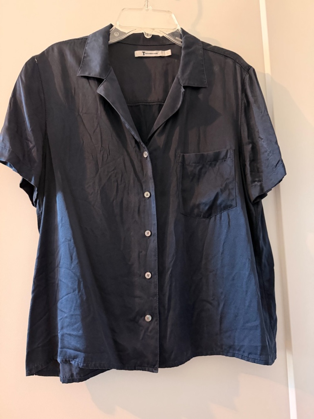Alexander Wang Navy Silk Satin Top with open stitch Detail